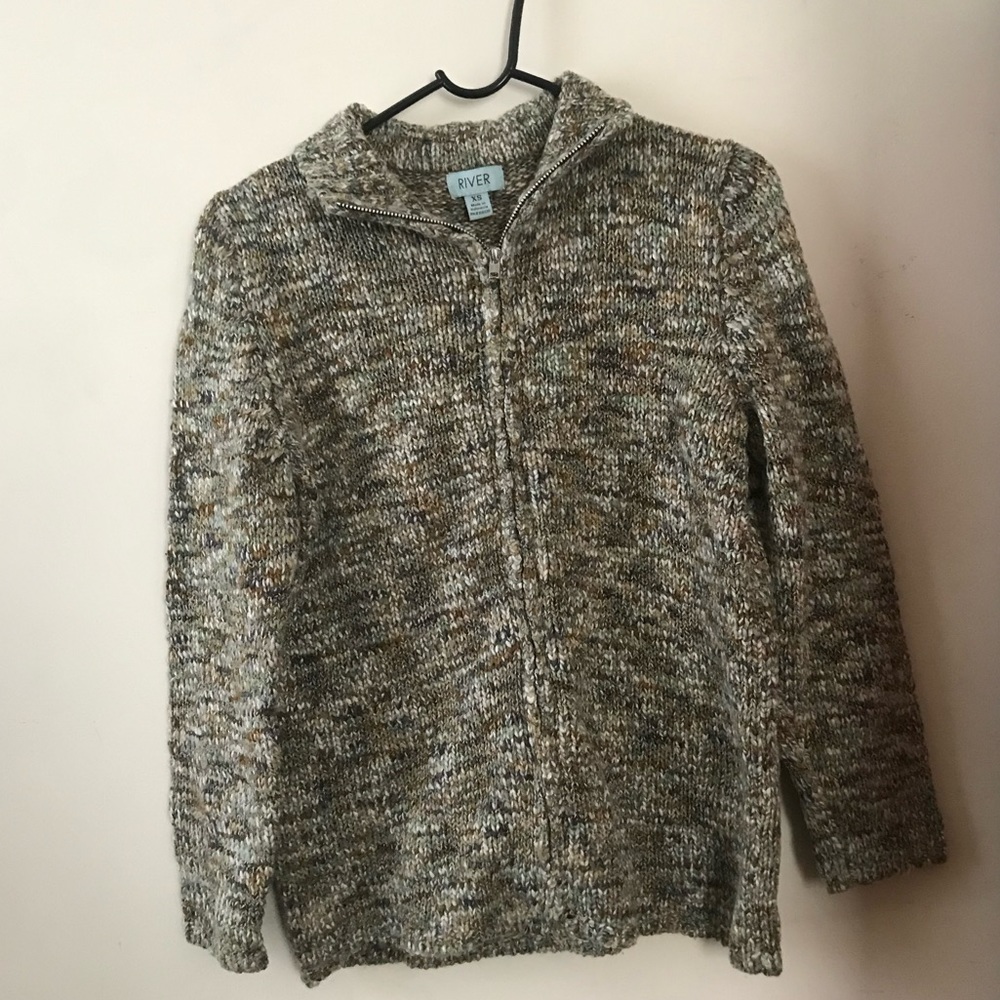 River Acrylic Knit Zip Up Collared Sweater, XS